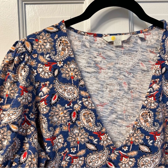 Boden V- Neck Cotton Jersey Puff Sleeve A-Line Dress Red Blue Paisley Size 14L - Picture 2 of 9